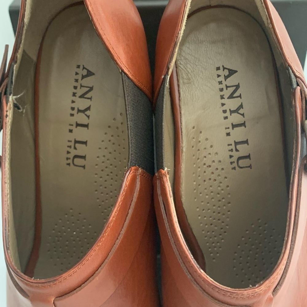 NEW ANYI LU Peep Toe Buckle Wedges Booties Ankle Boots Leather Brown Cognac - Picture 5 of 14